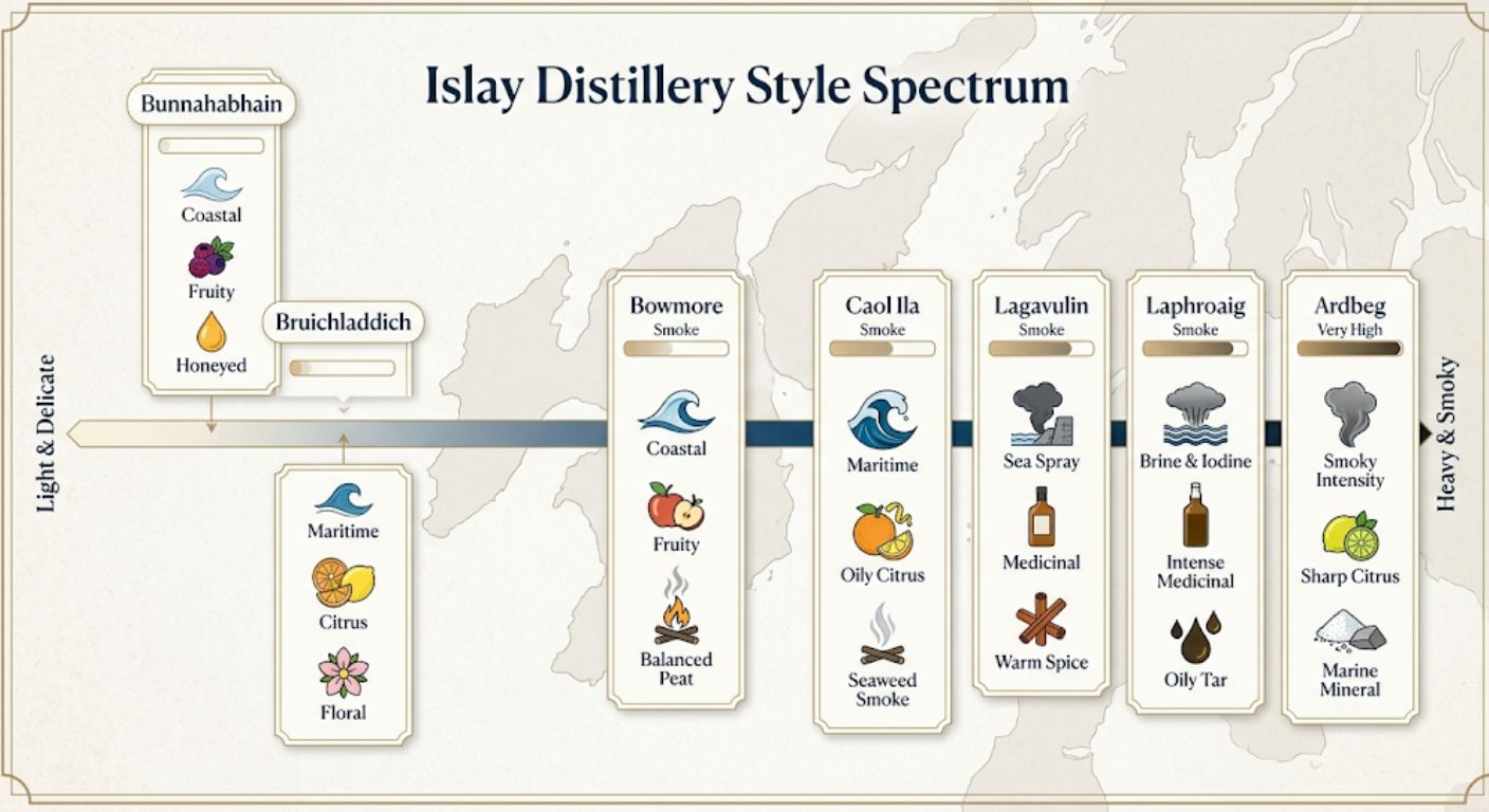 Comparison infographic ranking major Islay distilleries by smoke intensity and typical flavour profile, showing how each distillery differs across the peat spectrum.