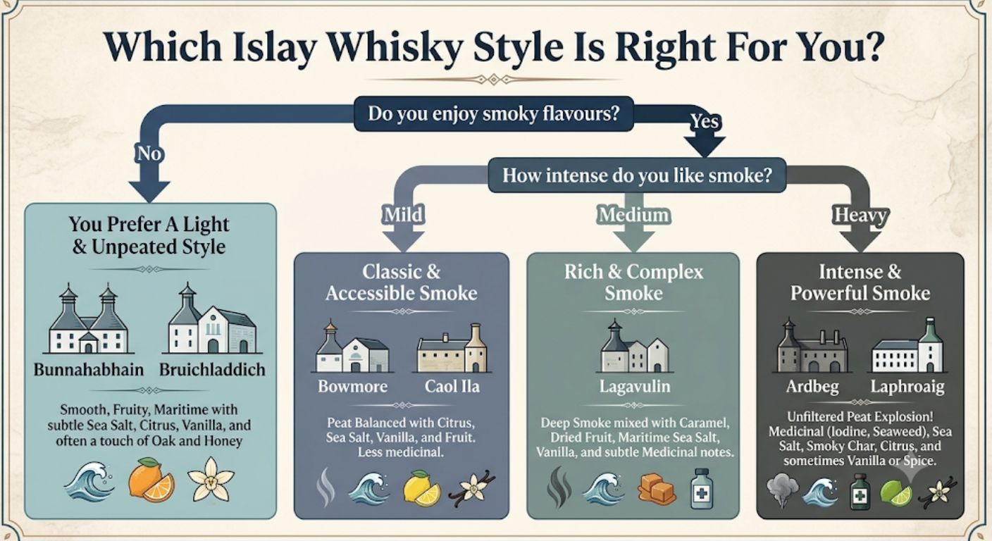 Decision tree helping readers choose an Islay whisky style based on their preference for peat intensity, directing them towards suitable distilleries for beginner, intermediate and experienced smoky whisky drinkers.