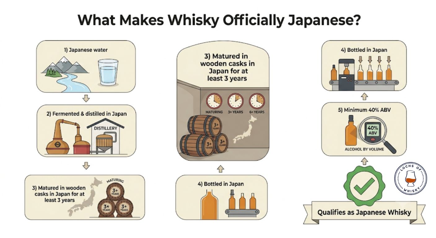Flowchart explaining the production requirements that whisky must meet to qualify as Japanese whisky under modern industry standards.