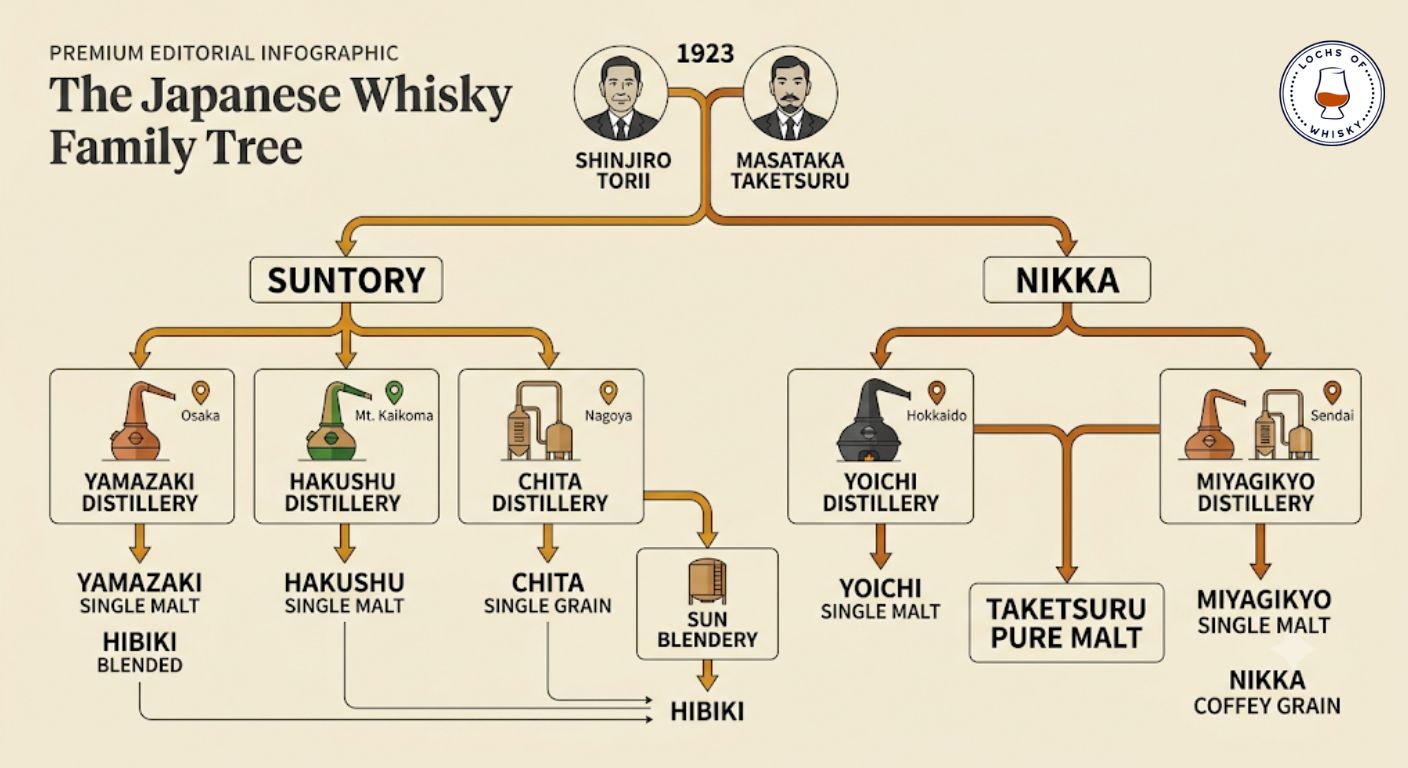Family tree showing how Japan's two major whisky producers developed and which distilleries and brands belong to each company.