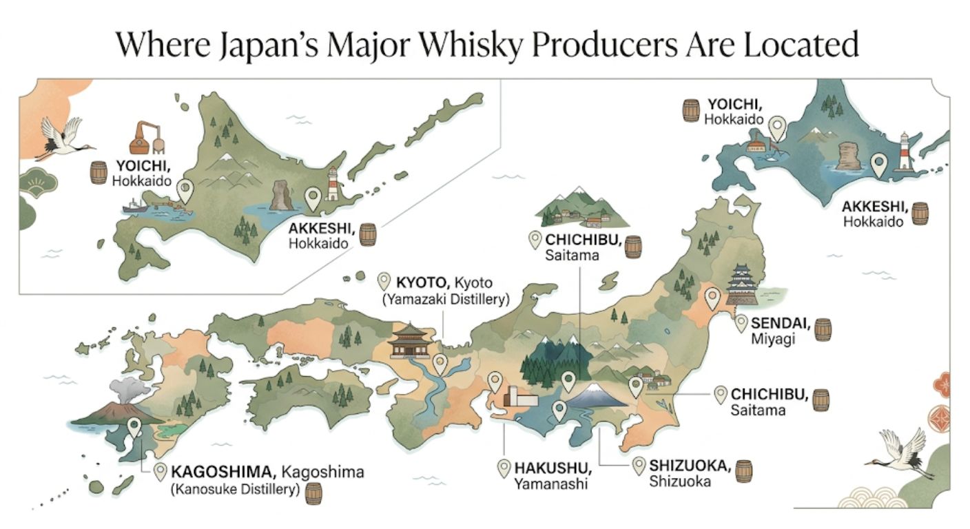 Map showing the locations of Japan's best-known whisky producers across the country.