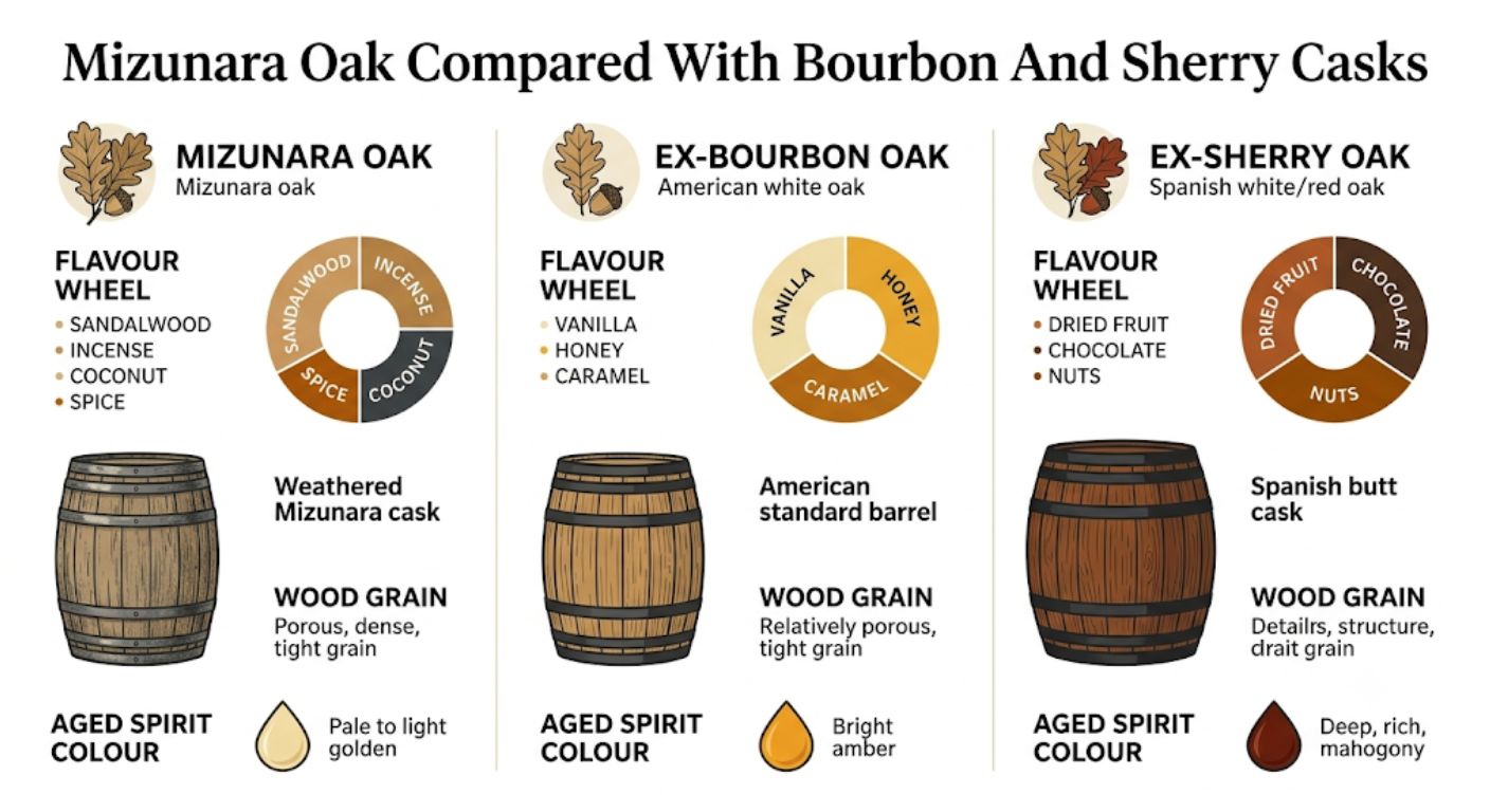Comparison chart showing how Mizunara oak differs from bourbon and sherry casks in flavour influence.