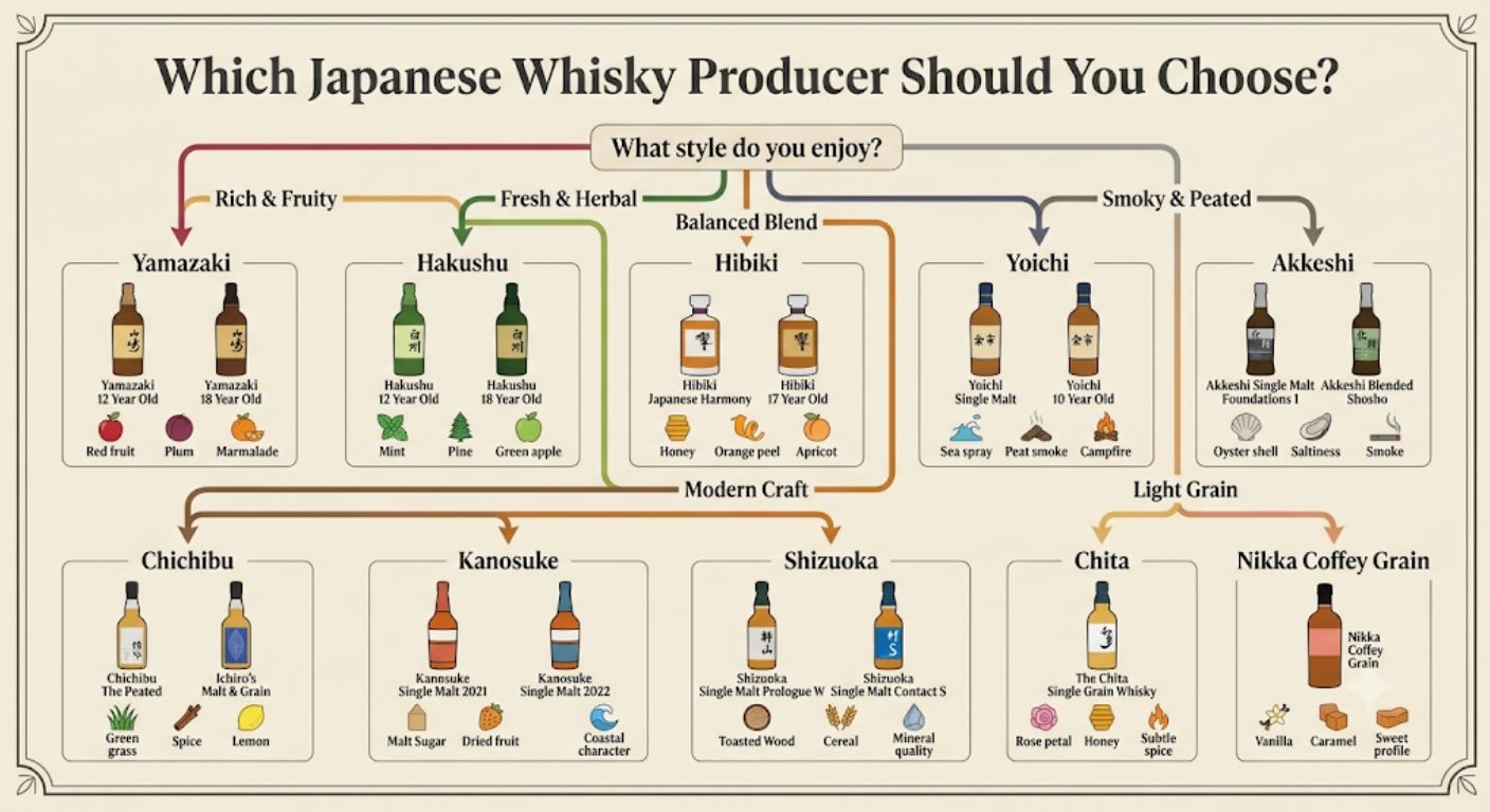 Decision tree helping readers choose a Japanese whisky producer based on the flavour style they enjoy.