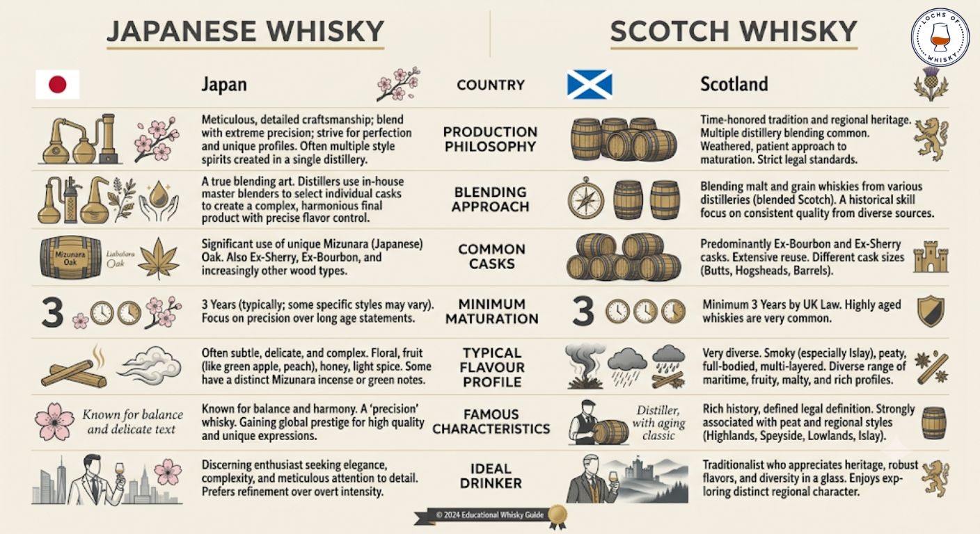 Infographic comparing Japanese whisky and Scotch across production methods, flavour profiles and maturation.