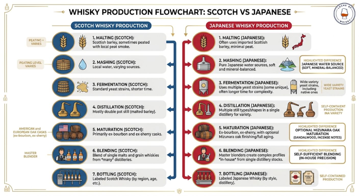 Flowchart comparing the production processes used for Japanese whisky and Scotch whisky.