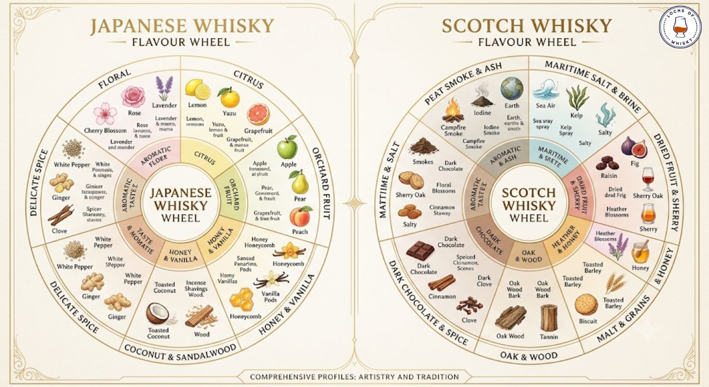 Flavour wheel comparing the typical tasting characteristics of Japanese whisky and Scotch whisky.