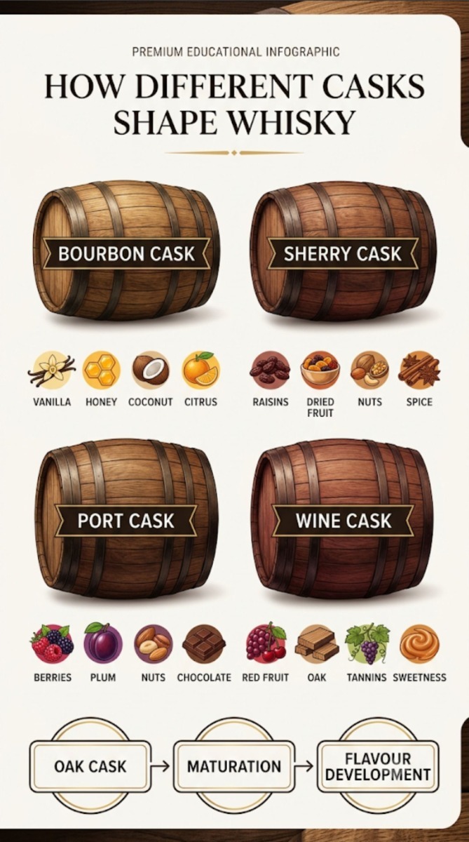 Infographic showing how bourbon, sherry, port and wine casks influence whisky flavour during maturation.