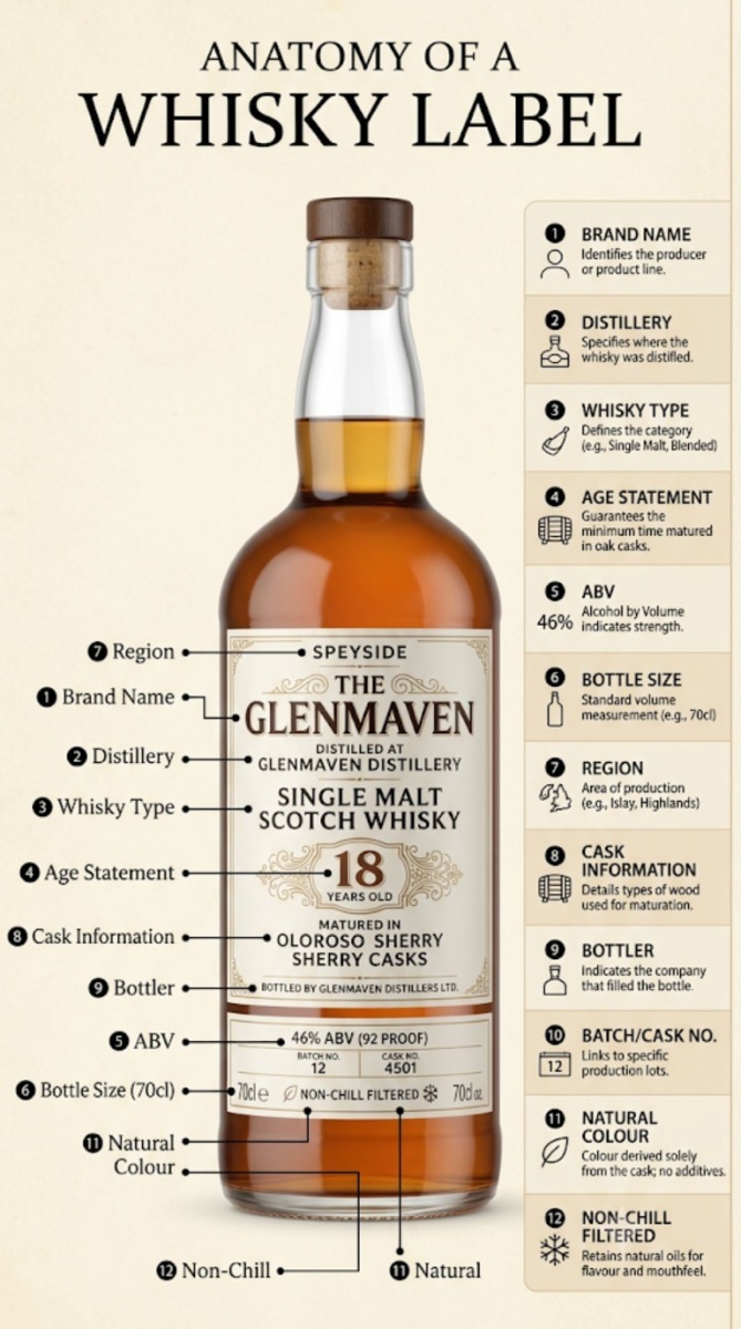 Annotated whisky bottle label showing where to find the distillery, age statement, ABV, cask details, bottler and other key information.