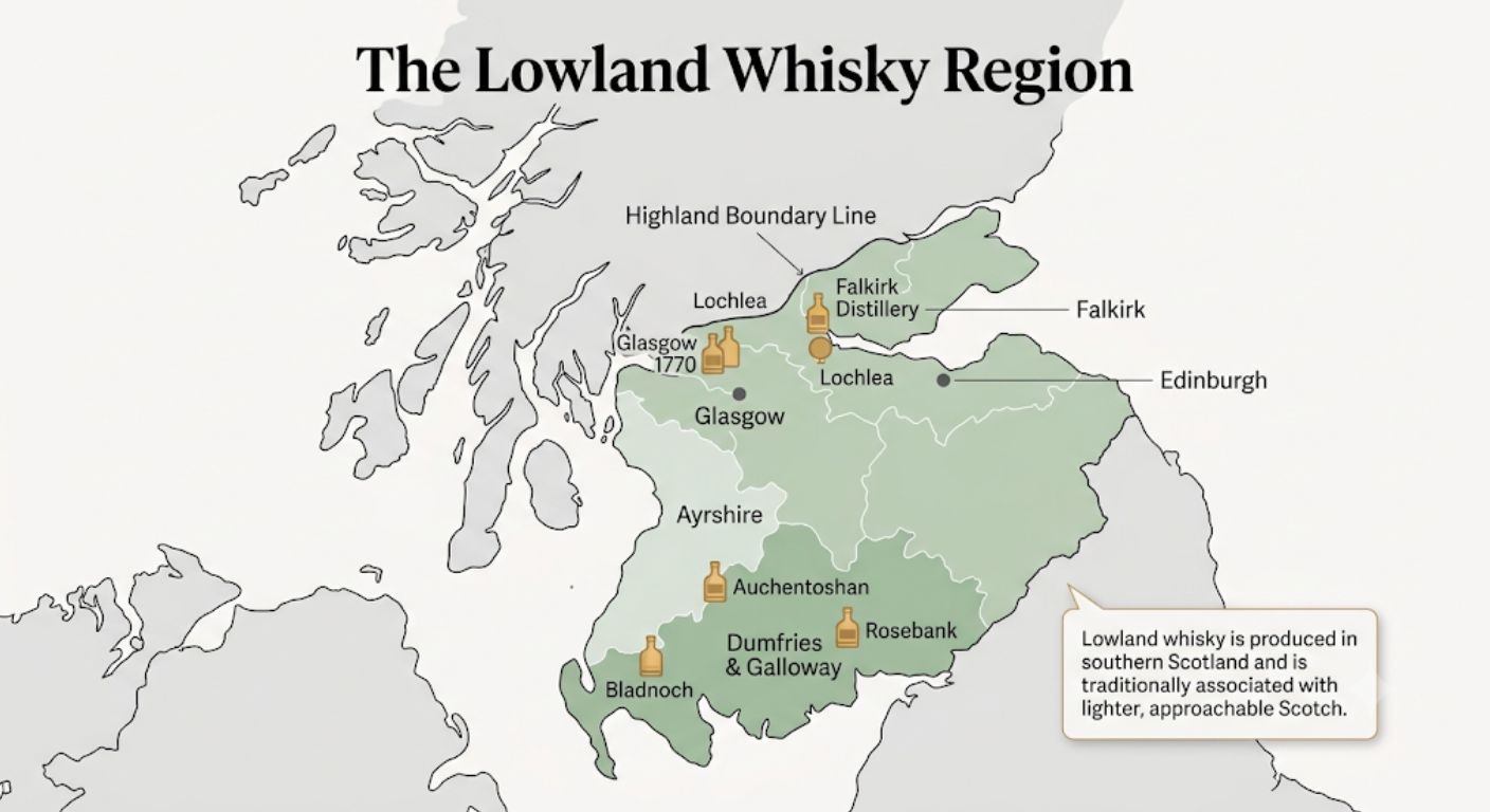 Map showing the Lowland whisky region in southern Scotland with major Lowland distilleries and the Highland Boundary Line highlighted.