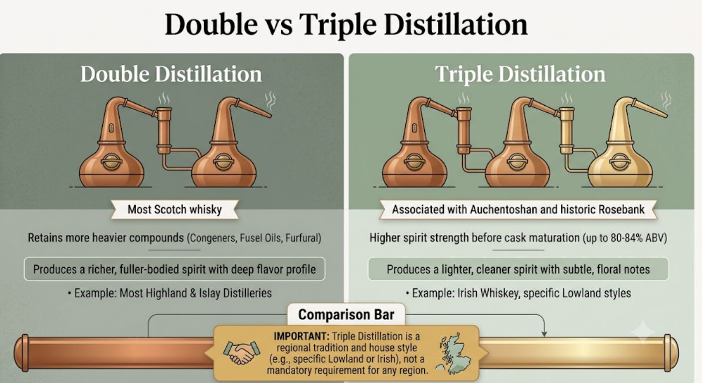 Comparison of double and triple distillation showing how triple distillation can produce a lighter and cleaner Lowland spirit.