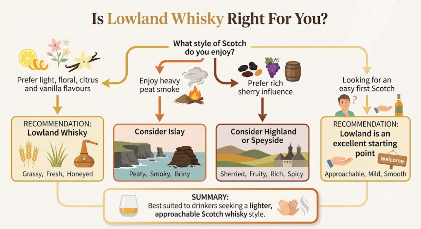 Decision tree helping readers decide whether the light and approachable style of Lowland whisky matches their taste preferences.