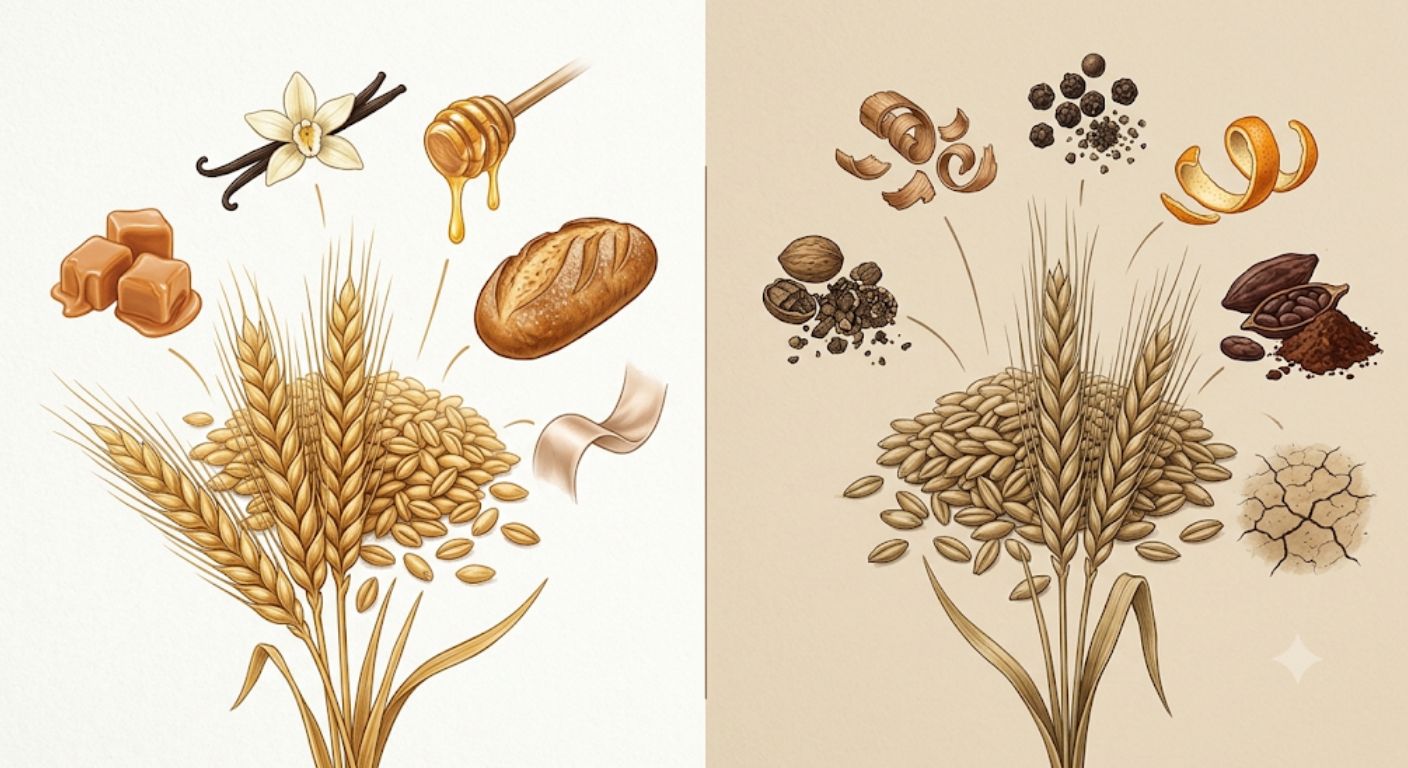 Visual comparison of wheated bourbon and rye bourbon flavour characteristics.