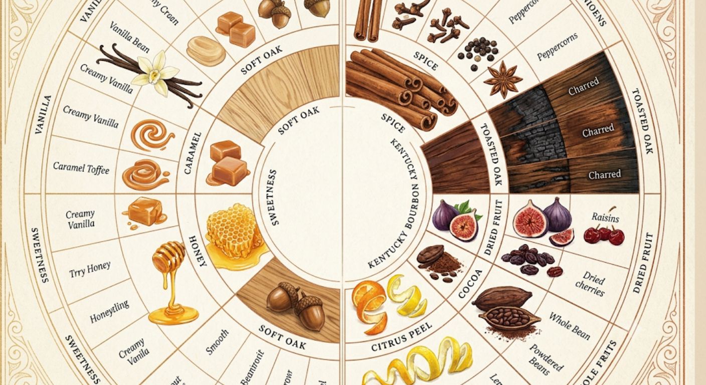 Bourbon flavour wheel comparing sweet wheated bourbon characteristics with spicier rye bourbon characteristics.