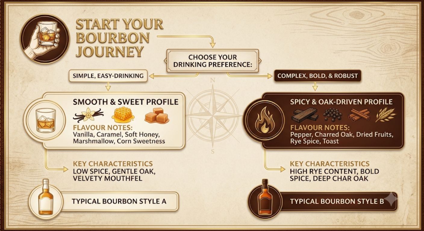 Decision tree showing which bourbon style suits different flavour preferences.