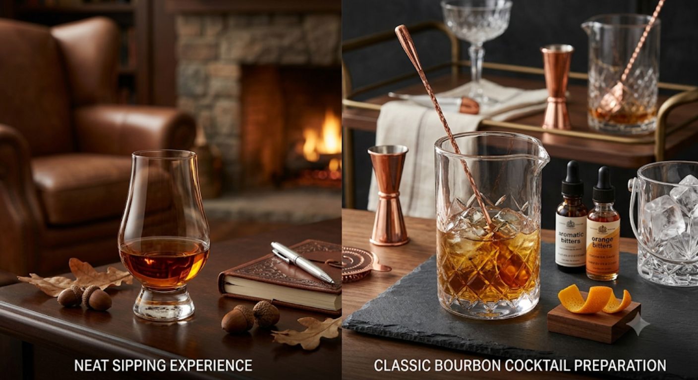 Comparison of bourbon for neat sipping versus bourbon used in classic cocktails.