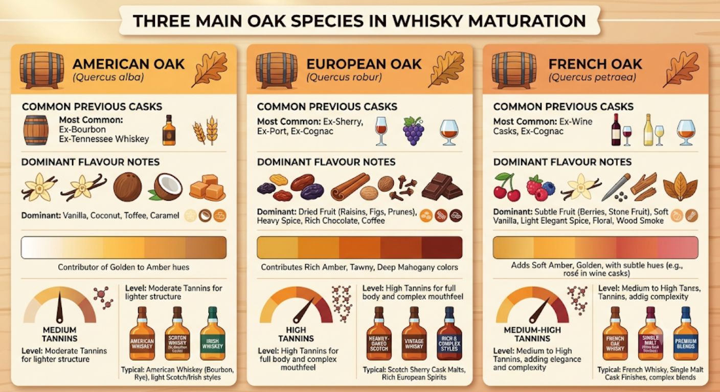 Comparison infographic showing American, European and French oak with their typical flavour contributions and characteristics in whisky maturation.