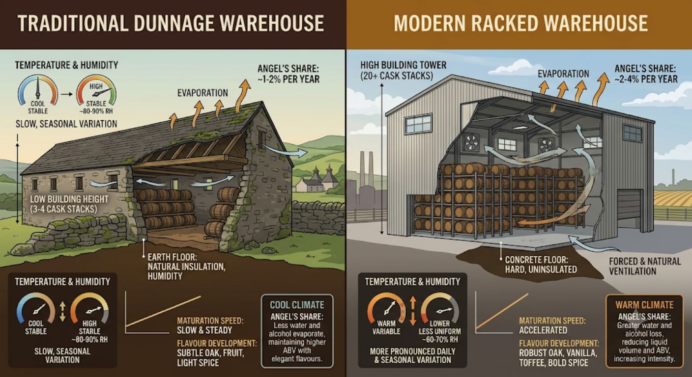 Comparison of dunnage and racked whisky warehouses showing how warehouse conditions influence maturation and evaporation.