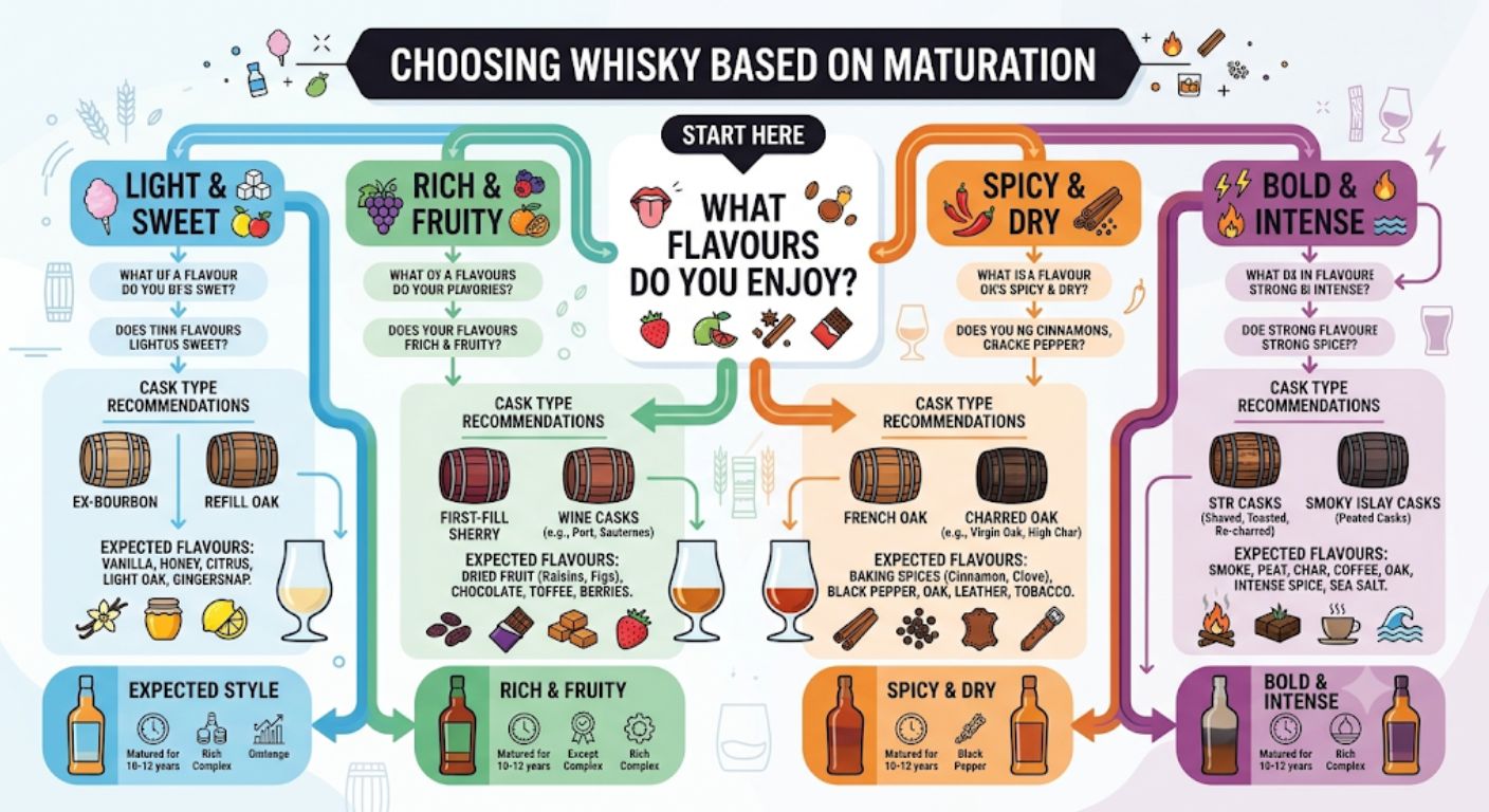 Decision flowchart helping readers choose whisky based on cask maturation style and preferred flavour profile.