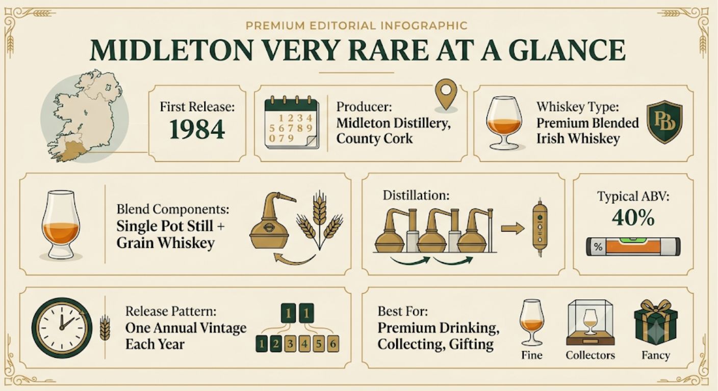 Infographic summarising the key facts about Midleton Very Rare including producer, release history, production style, ABV and annual release schedule.