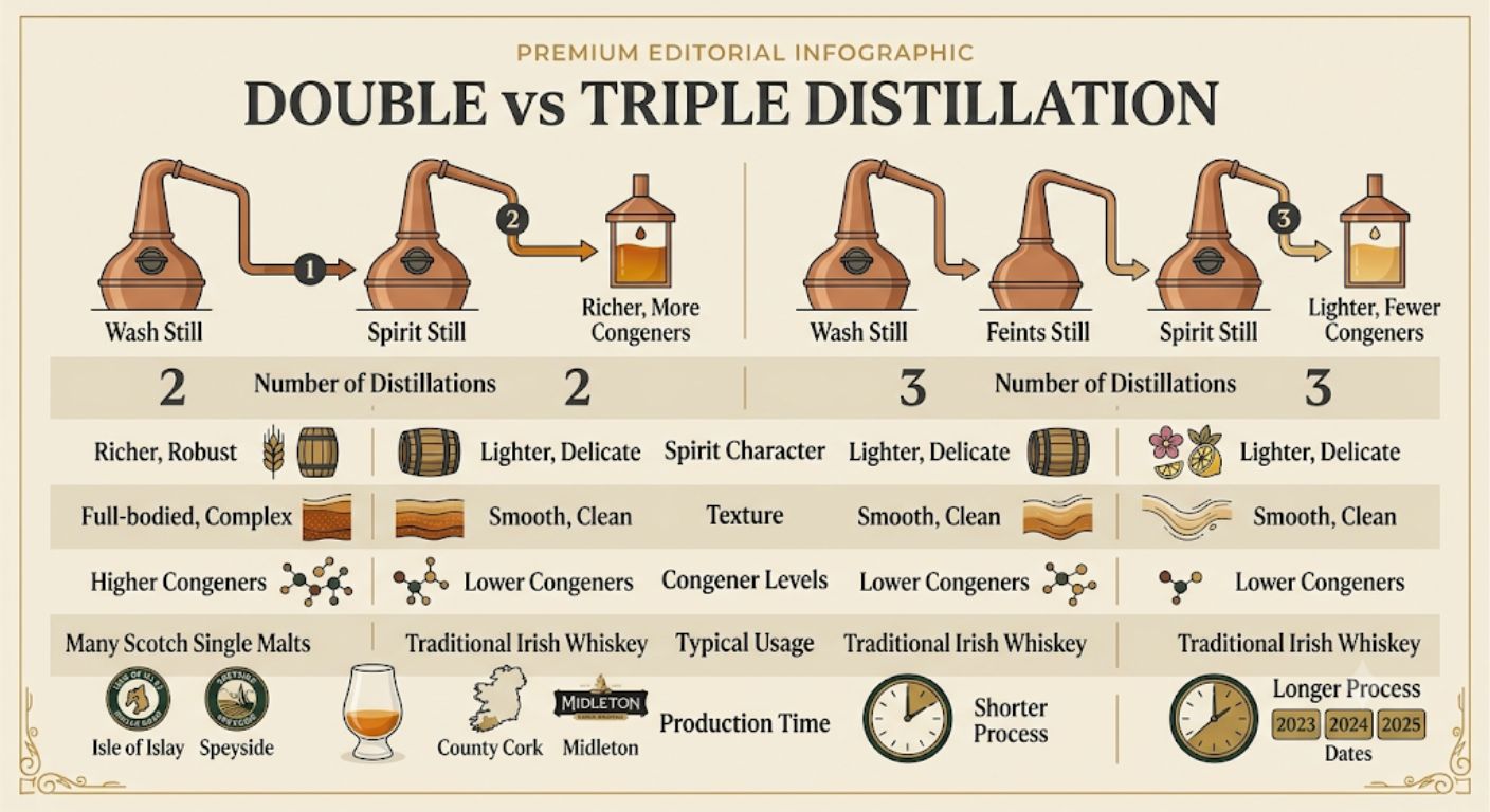 Comparison infographic showing the differences between double and triple distillation, including flavour profile, texture, production method and typical whisky styles.