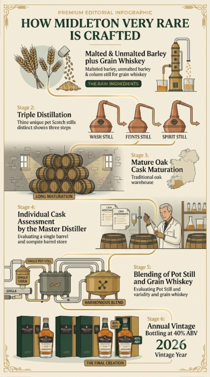 Flowchart illustrating how Midleton Very Rare is produced from grain selection through distillation, maturation, blending and annual release.