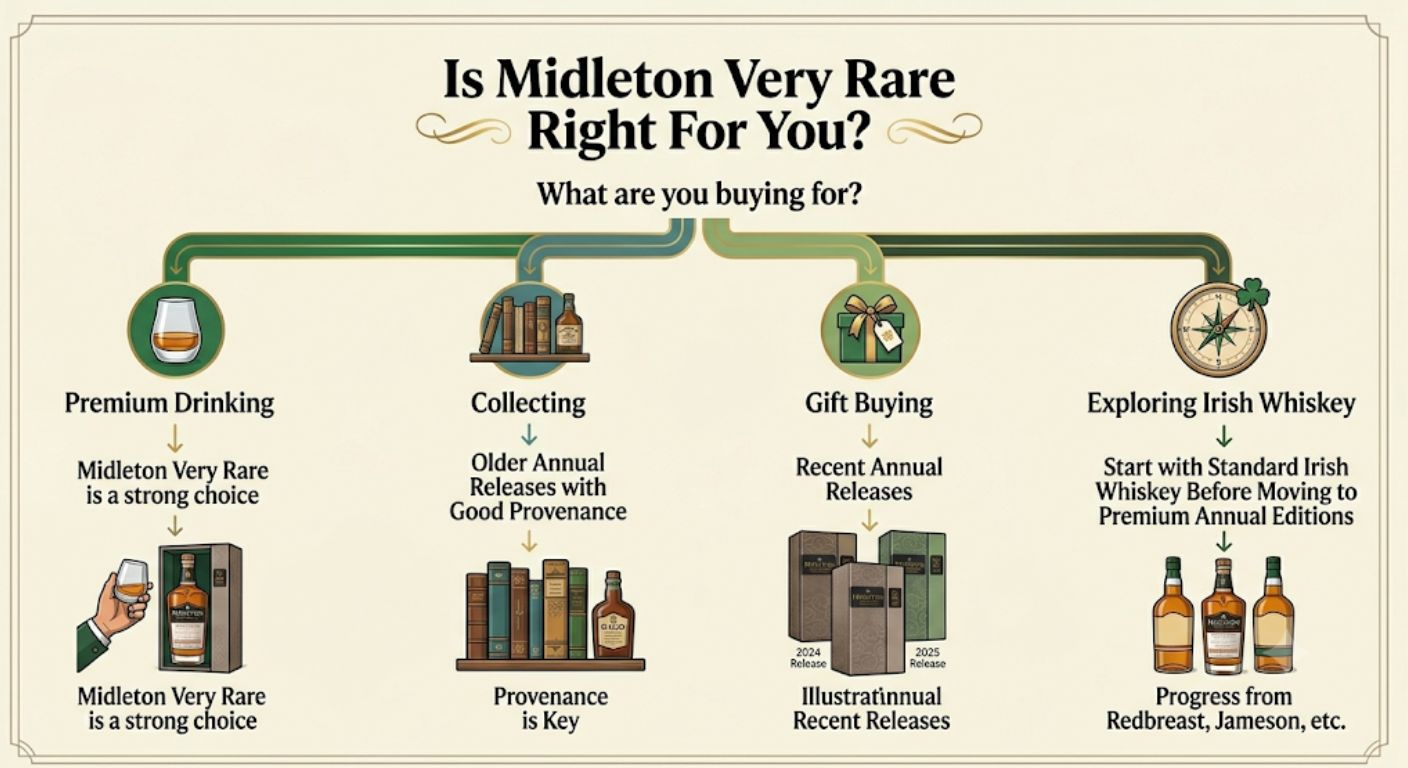Decision tree helping readers decide whether Midleton Very Rare is suitable for drinking, collecting, gifting or exploring premium Irish whiskey.