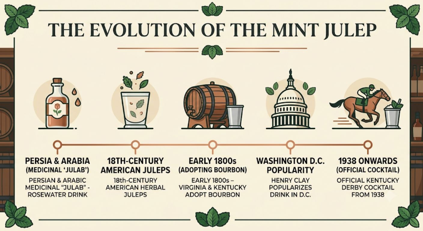 Timeline showing how the Mint Julep evolved from an ancient medicinal drink into Kentucky's iconic Bourbon cocktail and official Kentucky Derby beverage.