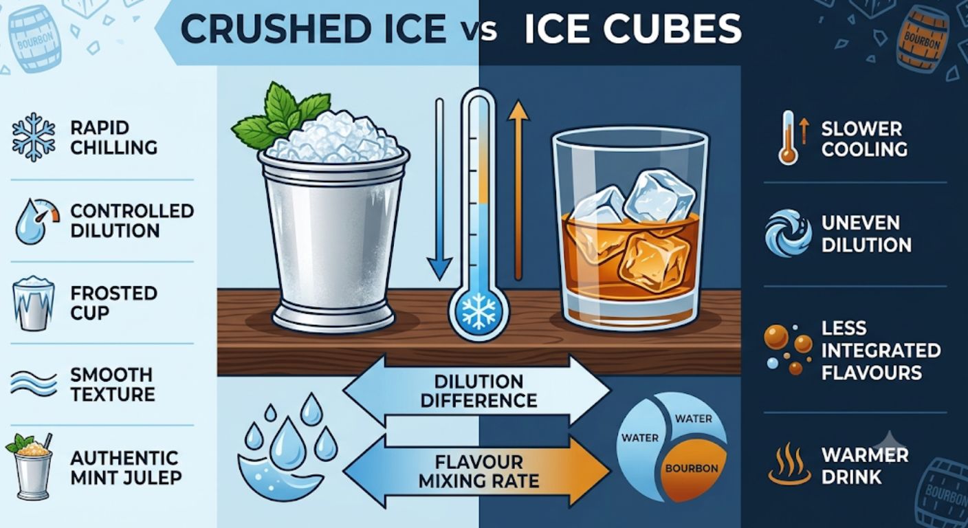 Comparison infographic explaining why crushed ice produces a colder, smoother and more balanced Mint Julep than standard ice cubes.