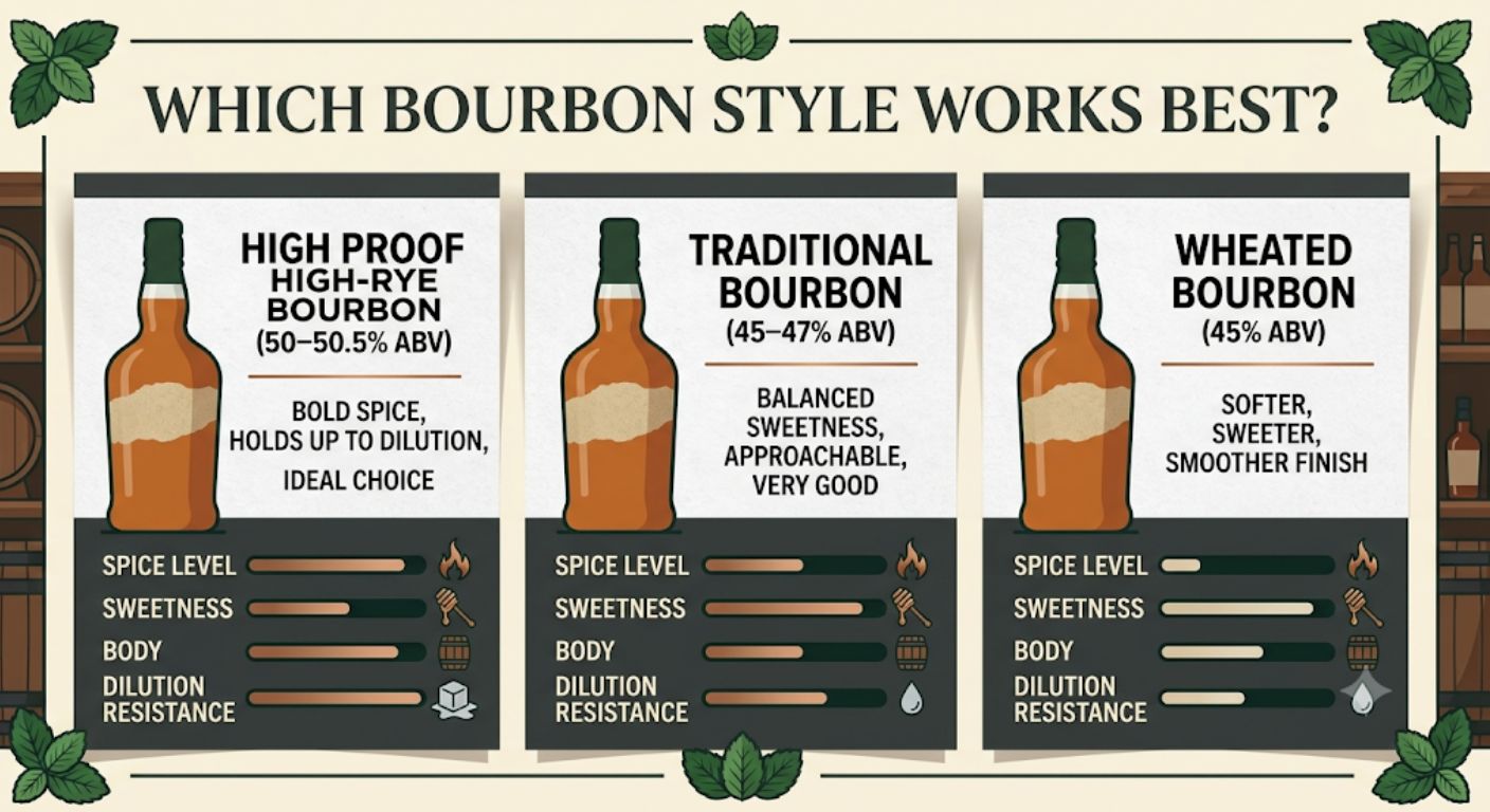 Comparison chart showing how different Bourbon styles perform in a Mint Julep, including proof, flavour profile and resistance to dilution.