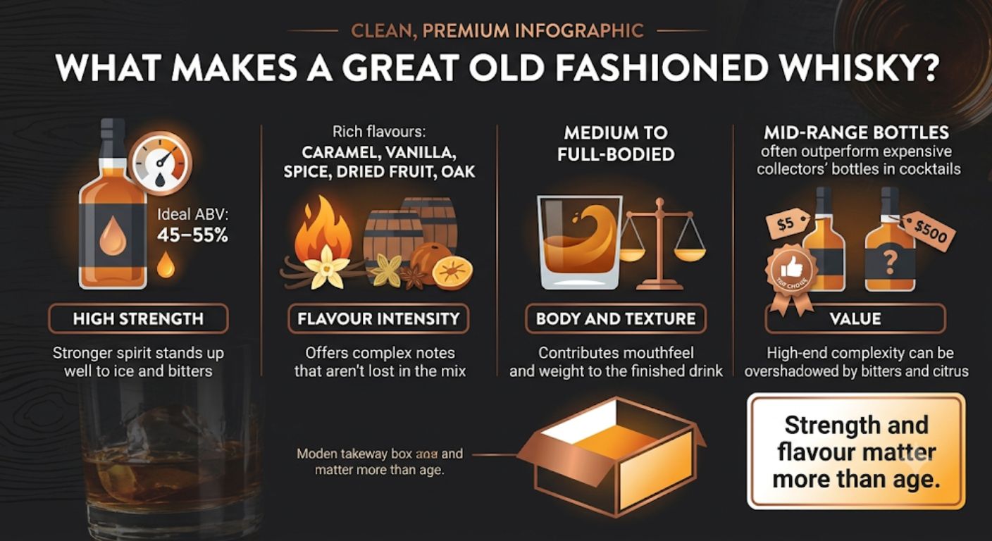 Infographic showing the four characteristics that make a whisky suitable for an Old Fashioned, including ideal ABV, flavour profile, body and value considerations.