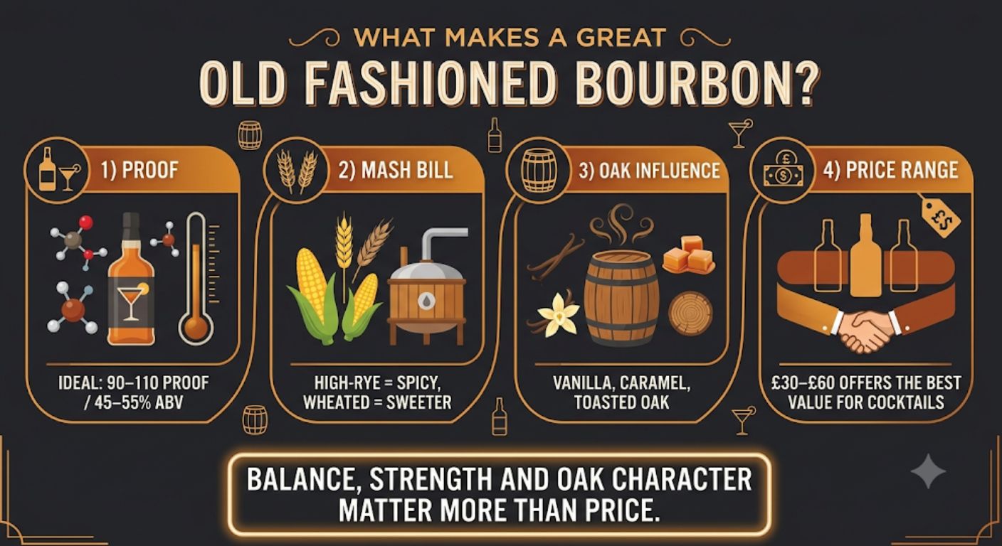 Infographic showing the four characteristics that make a bourbon suitable for an Old Fashioned, including ideal proof, mash bill styles, oak influence and recommended price range.