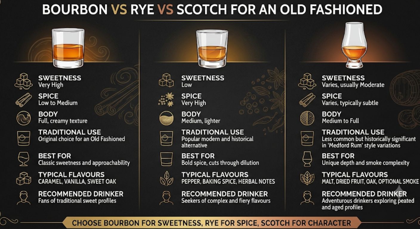 Comparison infographic showing the differences between bourbon, rye whiskey and Scotch whisky when used in an Old Fashioned cocktail.