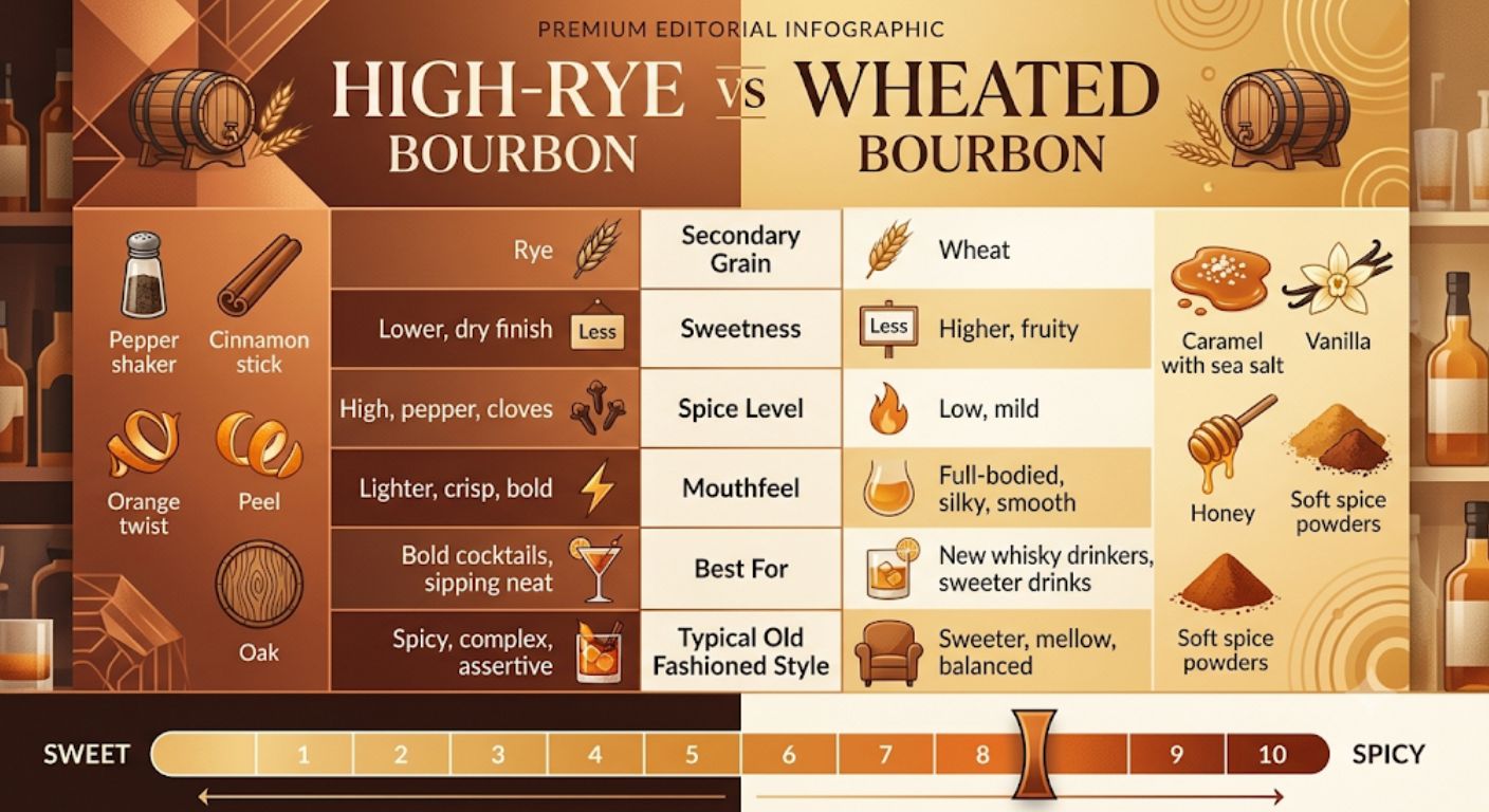 Comparison infographic illustrating the flavour and cocktail differences between high-rye and wheated bourbons, helping readers choose the style that best suits their Old Fashioned.