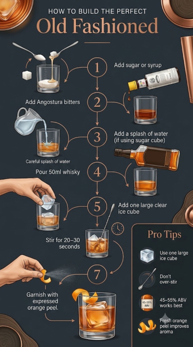 Step-by-step infographic explaining how to make a classic Old Fashioned cocktail, including ingredients, stirring time, garnish and serving tips.