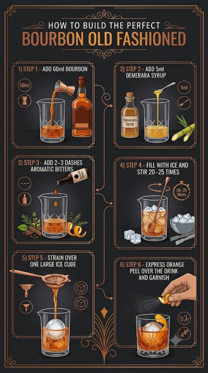Step-by-step infographic demonstrating how to make a bourbon Old Fashioned, including the ingredients, measurements, stirring time and final garnish.