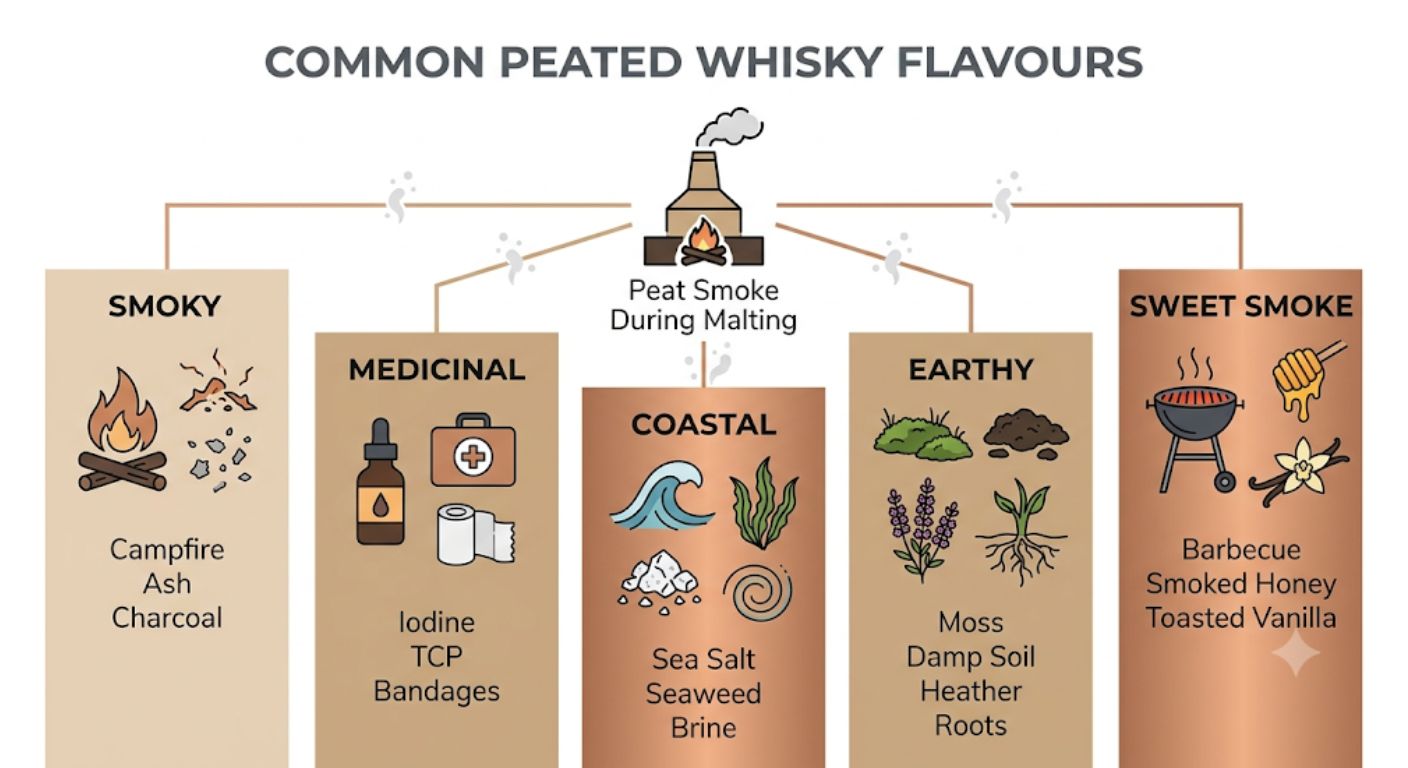 Infographic showing the main flavour profiles commonly found in peated whisky, including smoky, medicinal, coastal, earthy and sweet smoke characteristics.