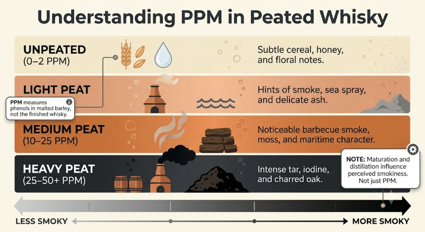 Chart explaining peat levels in whisky using PPM ranges and showing why higher PPM does not always mean a smokier finished whisky.