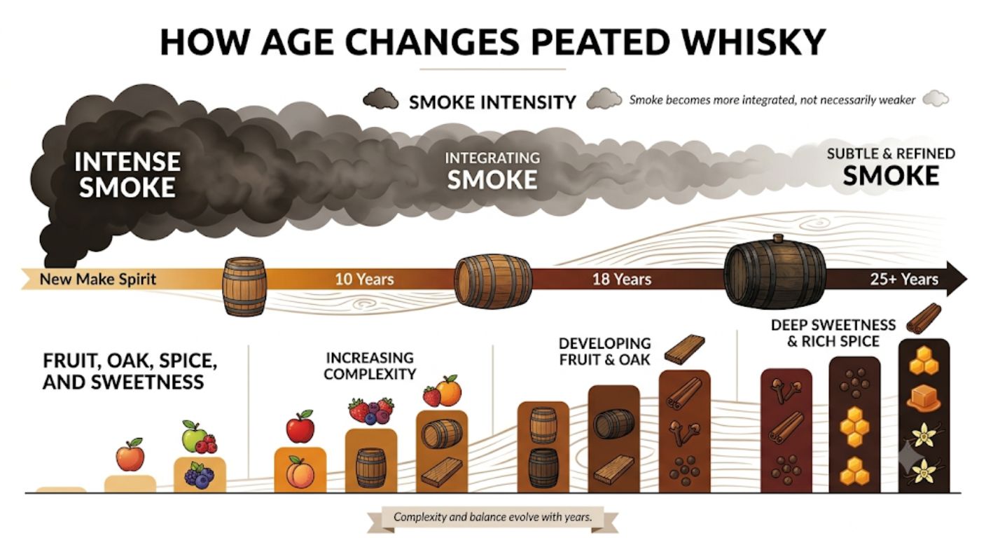 Timeline illustrating how cask maturation changes the balance of smoke, oak, fruit and spice in peated whisky over time.