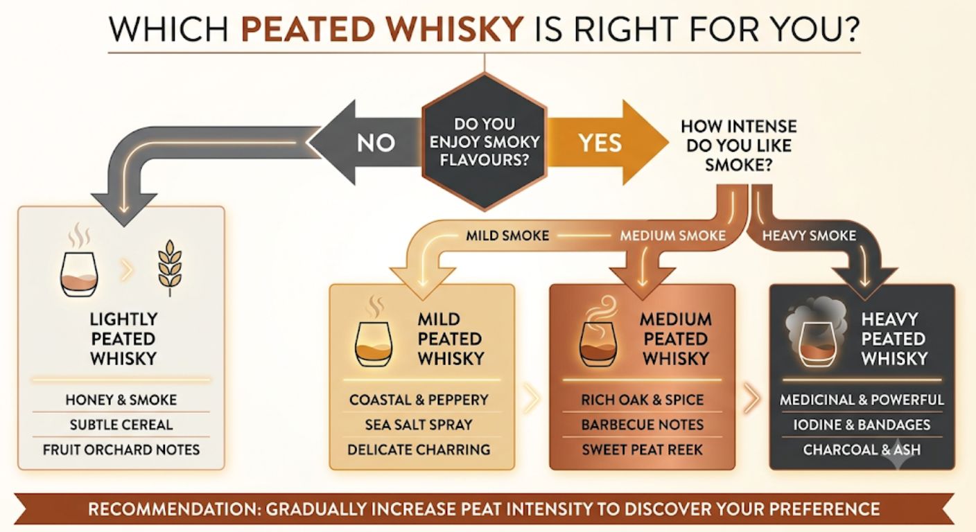 Decision tree helping beginners choose the right level of peated whisky based on their preferred smoke intensity.