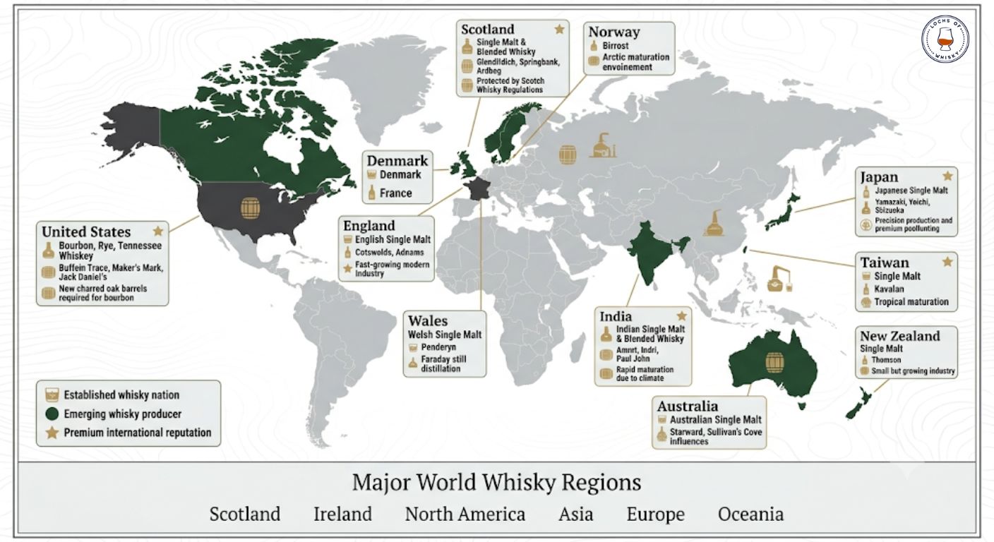 World map infographic showing the major whisky-producing countries, their whisky styles, notable distilleries and distinguishing production characteristics.
