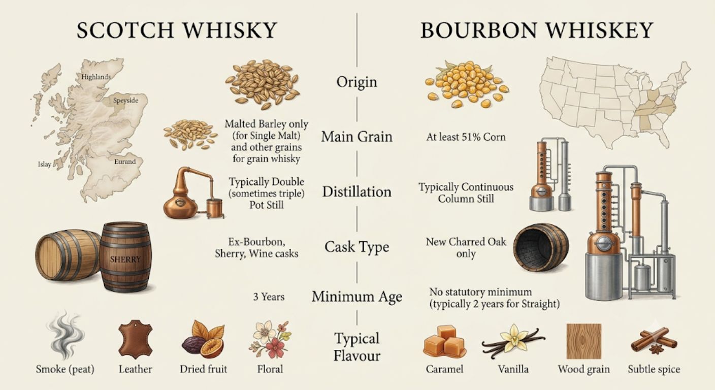 Side-by-side comparison of Scotch whisky and Bourbon whiskey production methods, grains, casks and flavour characteristics.