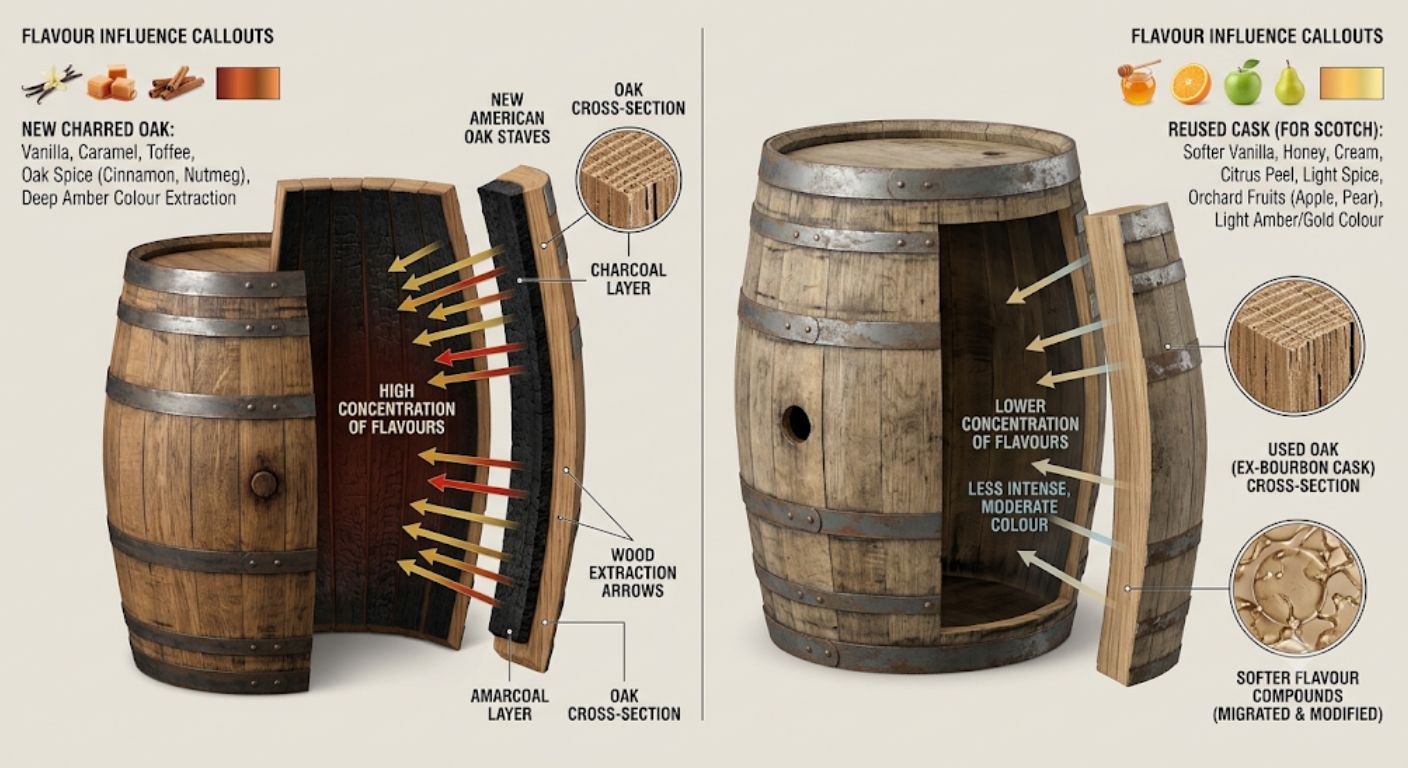 Comparison of flavour extraction from new charred Bourbon barrels and reused ex-Bourbon casks used for Scotch whisky maturation.
