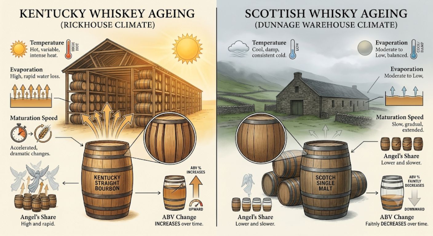 Comparison of whisky maturation in Kentucky warehouses versus traditional Scottish warehouses.