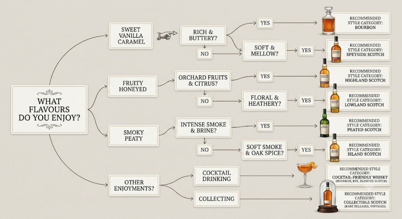 Visual guide helping readers choose between Bourbon and different styles of Scotch whisky based on flavour preferences.