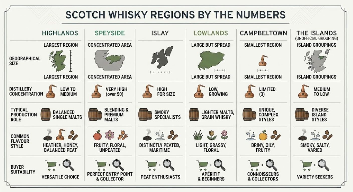 Comparison infographic showing the production scale, distillery density and typical characteristics of each Scotch whisky region.