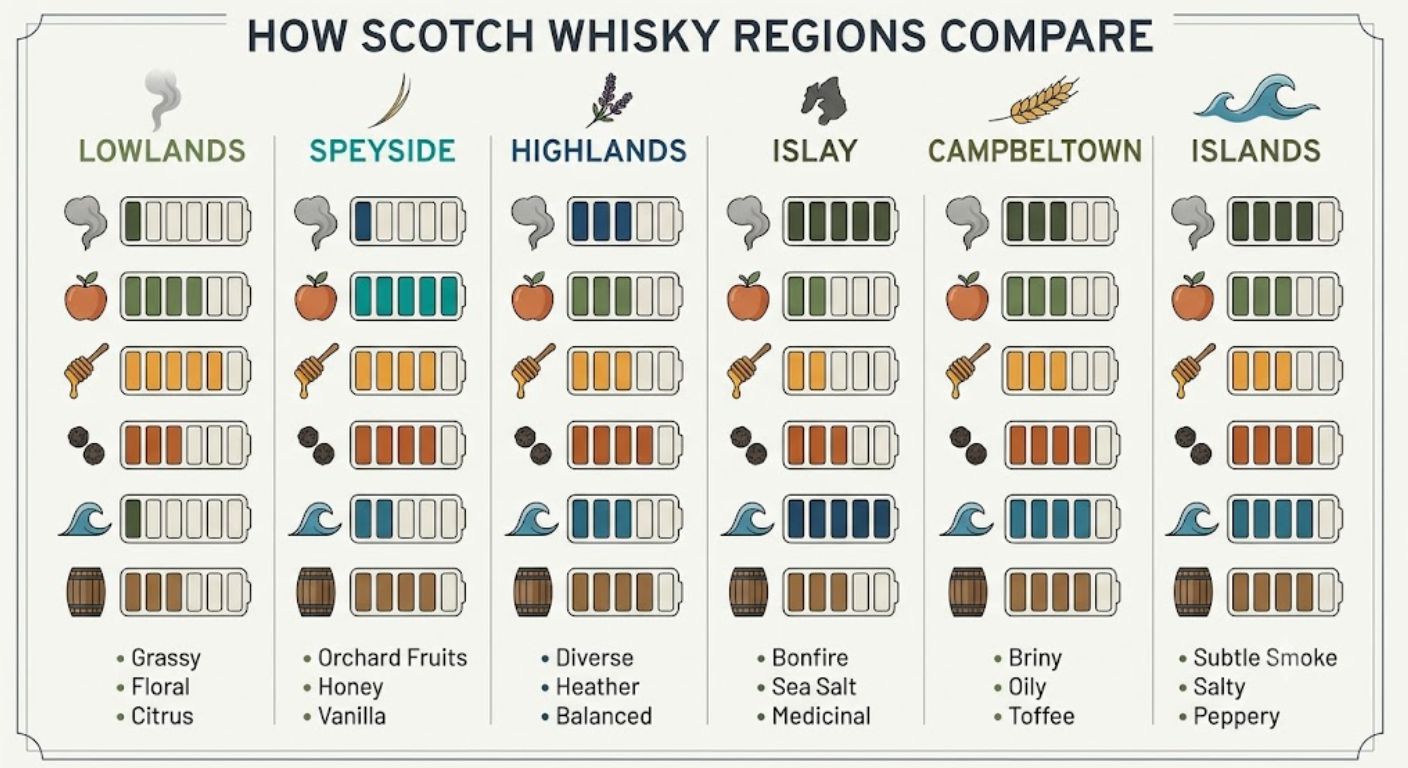 Flavour comparison chart showing how peat, fruit, sweetness, spice and coastal influence vary across Scotland's whisky regions.