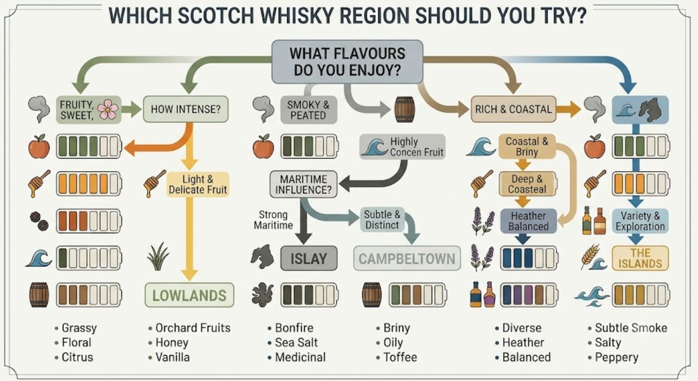Decision tree helping readers choose the most suitable Scotch whisky region based on flavour preferences.