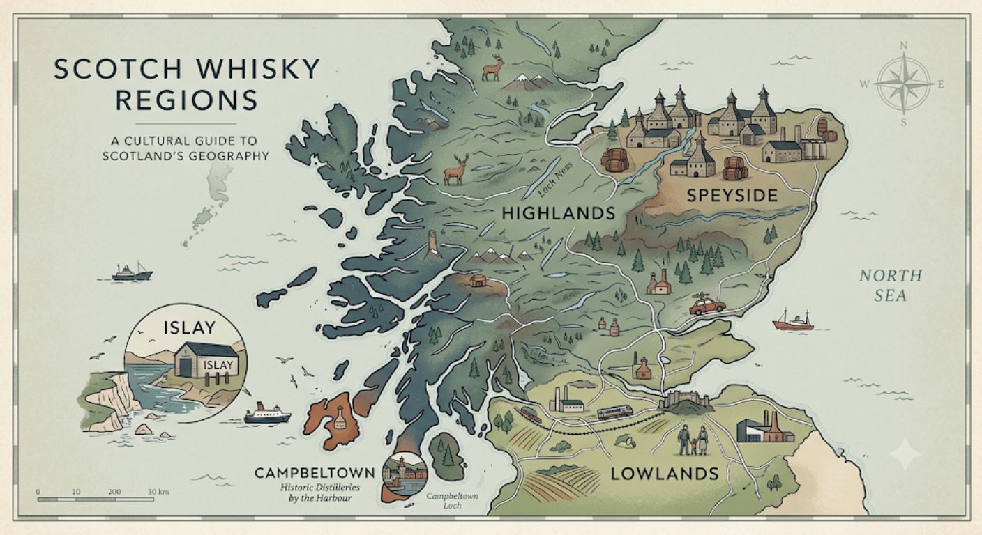 Illustrated map showing Scotland's whisky regions and the different tourism characteristics of each area.