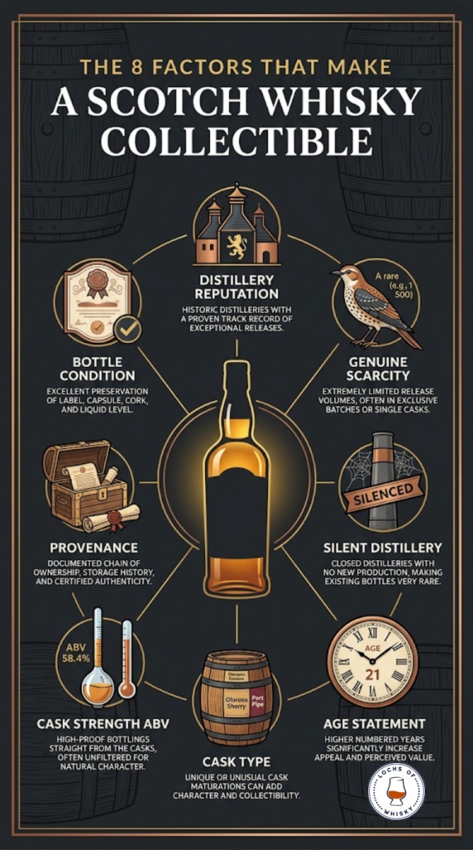 Infographic showing the eight factors that determine whether a Scotch whisky is considered collectible, including rarity, provenance, age, condition and distillery reputation.