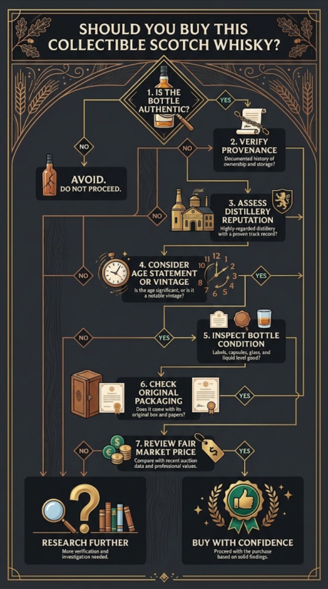Decision tree helping buyers evaluate whether a collectible Scotch whisky bottle meets the key criteria before purchase.